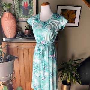 Vintage 60s Seafoam Teal Green Romantic Floral Dress / Retro 1960s Blouson Wildflower Print Midi Dress / Extra Small - Small