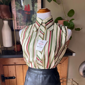 May include: A sleeveless, striped shirt with a collar and button fastening. The shirt is green, white and red with a tag that reads "arlee perma prest man tailored 65% polyester 35% cotton". The shirt is displayed on a mannequin wearing a black leather skirt.