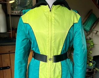 Vintage 70s 'nikaldi Sportswear' Neon Teal & Yellow Belted Ski