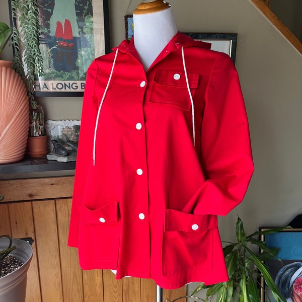 Vintage 70s Bright Red Hooded Jacket / Retro 1970s Mod Style Lightweight A-Line Coat / Shirley K Maternity Fashions / Extra Small or XXS