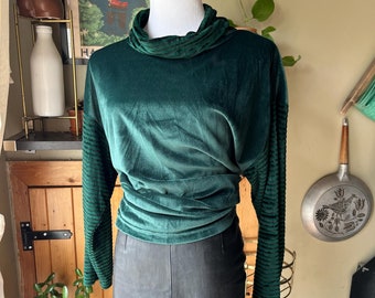 Vintage 90s ‘Image’ Plus Size Green & Black Stripe Velour Cowl Neck Top | Size 22
