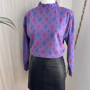 Vintage 80s ‘Gitano’ Purple Mockneck Geometric Diamond Print Top with Shoulder Pads | Small-Medium