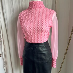 Vintage 60s 70s Bubblegum Pink Popcorn Textured Sheer Sleeve Turtleneck Top | ILGWU | Sm-Med