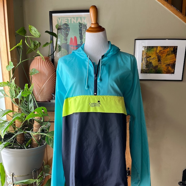 Vintage 90s Bright Blue Lime Green Anorak Windbreaker / Retro 1990s Colourblock Cagoule Light Raincoat / Streetwear / Rave / Canada North