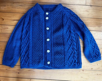 Vintage Blue Cable Knit Sweater with Custom Moose Antler Buttons / Retro Handmade Fisherman’s Knit Cardigan / Unisex Jumper / Extra Large