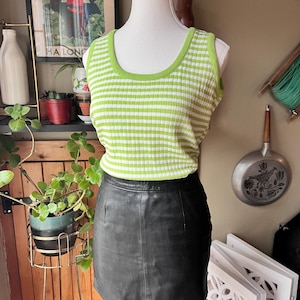 Vintage 60s Bright Green & White Stripe Nylon Knit Tank Top / Retro 1960s 70s Mod Beatnik Striped Sleeveless Top / Dia-Lon Diament / Medium