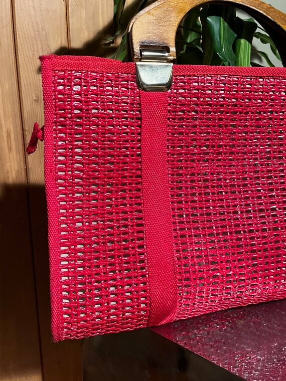 Vintage 70s Bright Red Woven Wicker Wooden Handle… - image 5