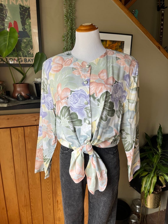 Vintage 80s Rayon Floral Button Up Blouse / Retro… - image 2