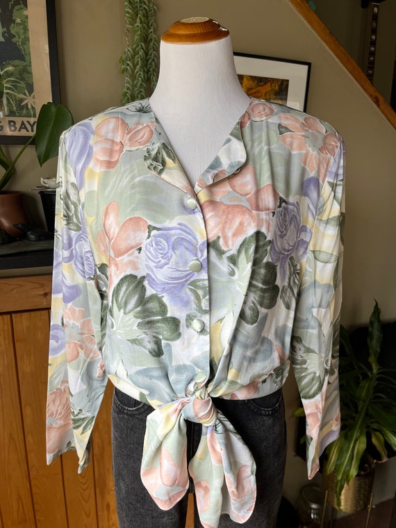 Vintage 80s Rayon Floral Button Up Blouse / Retro… - image 3