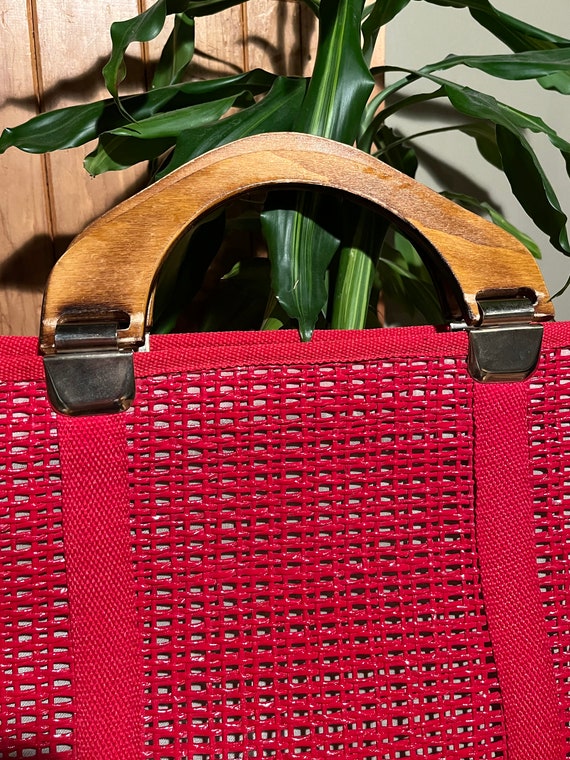 Vintage 70s Bright Red Woven Wicker Wooden Handle… - image 3