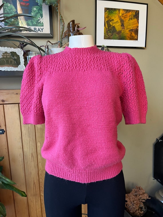 Vintage 80s 90s Pink Puff Sleeve Hand Knit Top / … - image 2