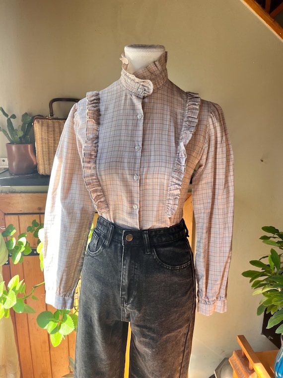 Vintage 70s Western Prairie Ruffle Check Blouse Retro 1970s