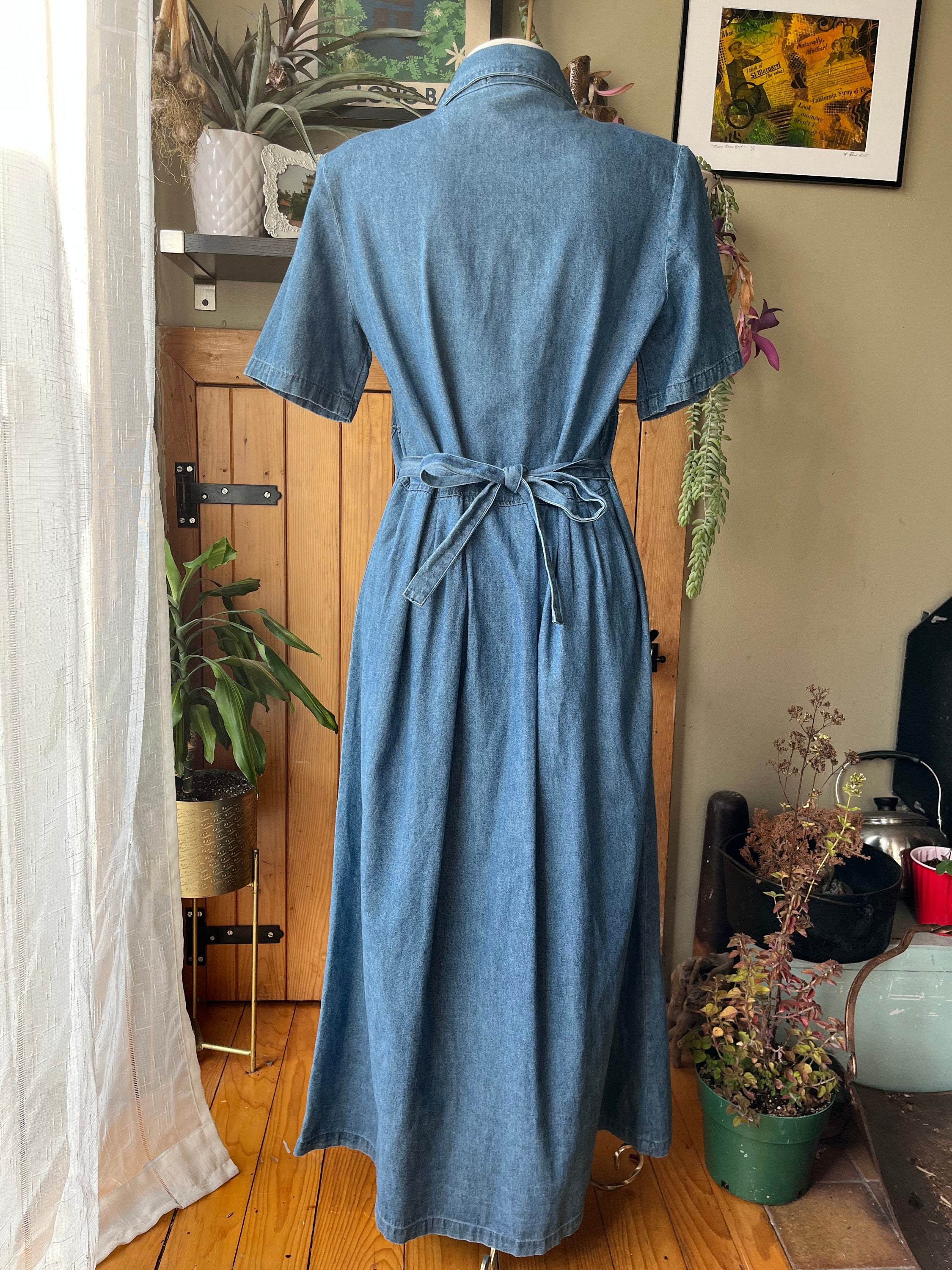 Vintage Early 90s Embroidered Denim Midi Dress / Retro 1990s