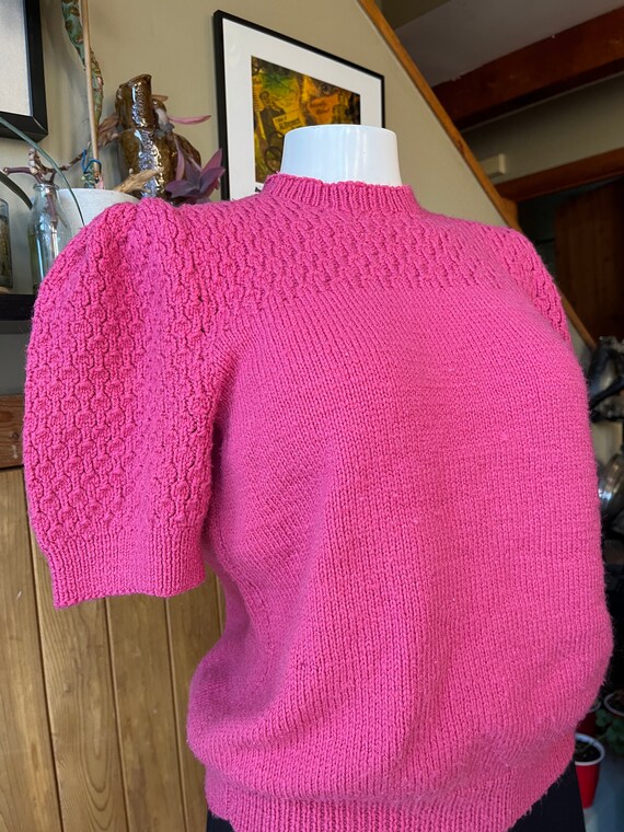 Vintage 80s 90s Pink Puff Sleeve Hand Knit Top / … - image 4
