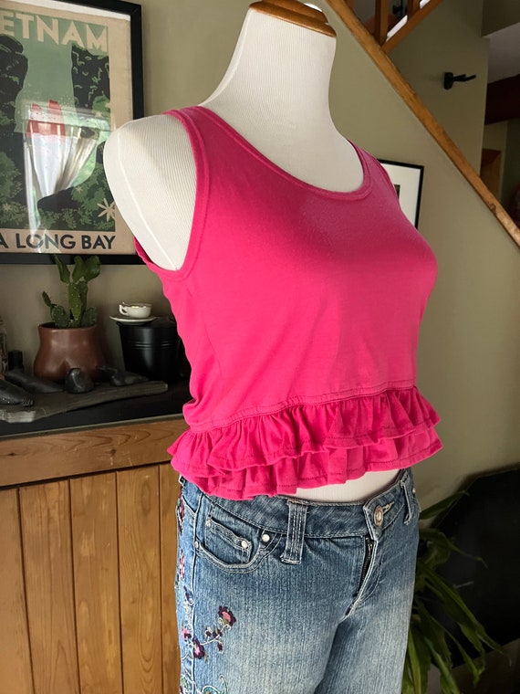 Vintage 90s Pink Ruffle Bottom Tank Top / Retro 1… - image 4