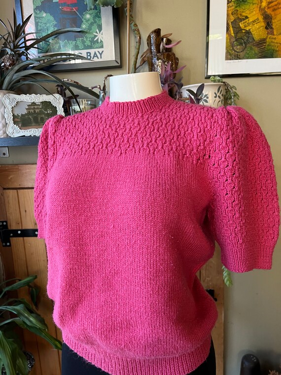 Vintage 80s 90s Pink Puff Sleeve Hand Knit Top / … - image 3
