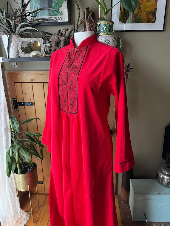 Vintage 70s Red Asian inspired Maxi Housedress Retro 1970s Qipao