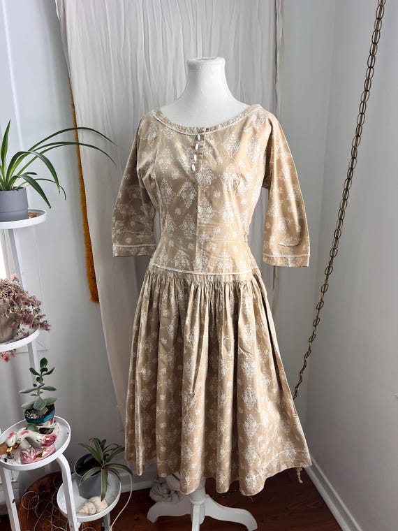 beige floral dress vintage 50s ‘Lavinia Fashions’ Prairie | Cottagecore Drop Waist Tea Dress Reformation Linen Mini Dress garden parties Color:Sage Gold Draft: CW13_14_15 2026