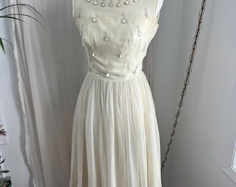 Vintage 50s Ivory Chiffon Party Dress | Beaded Illusion Neckline Cocktail Dress | XS