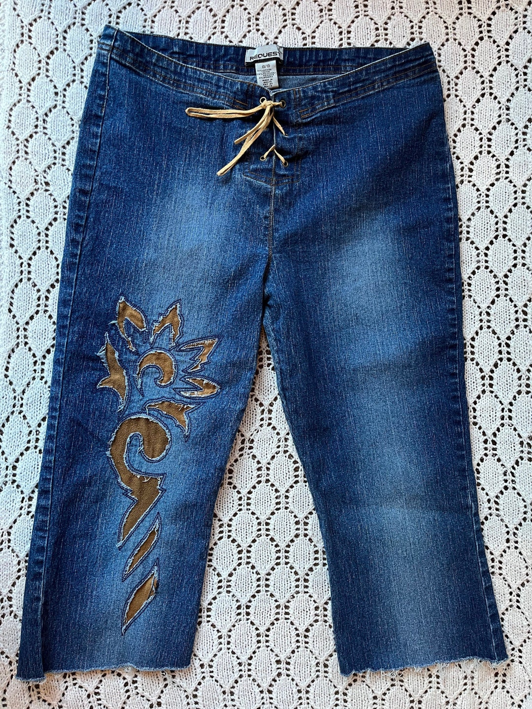 Vintage Y2K 00s Laceup Fly Stonewashed Cropped Jeans / Retro 2000s Y2K Tie Fly Faux Suede