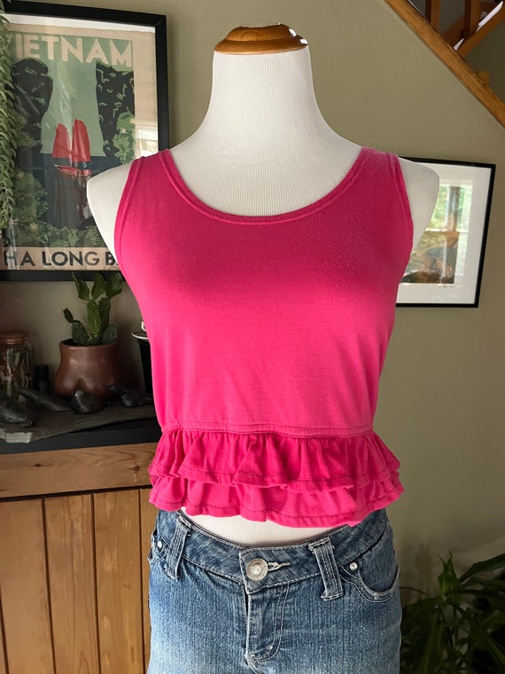 Vintage 90s Pink Ruffle Bottom Tank Top / Retro 1… - image 2