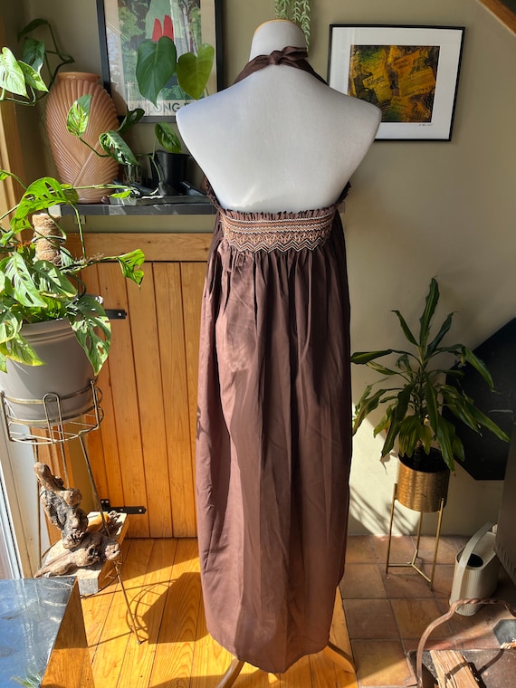 Vintage 60s 70s Brown Shirred Bodice Convertible … - image 4