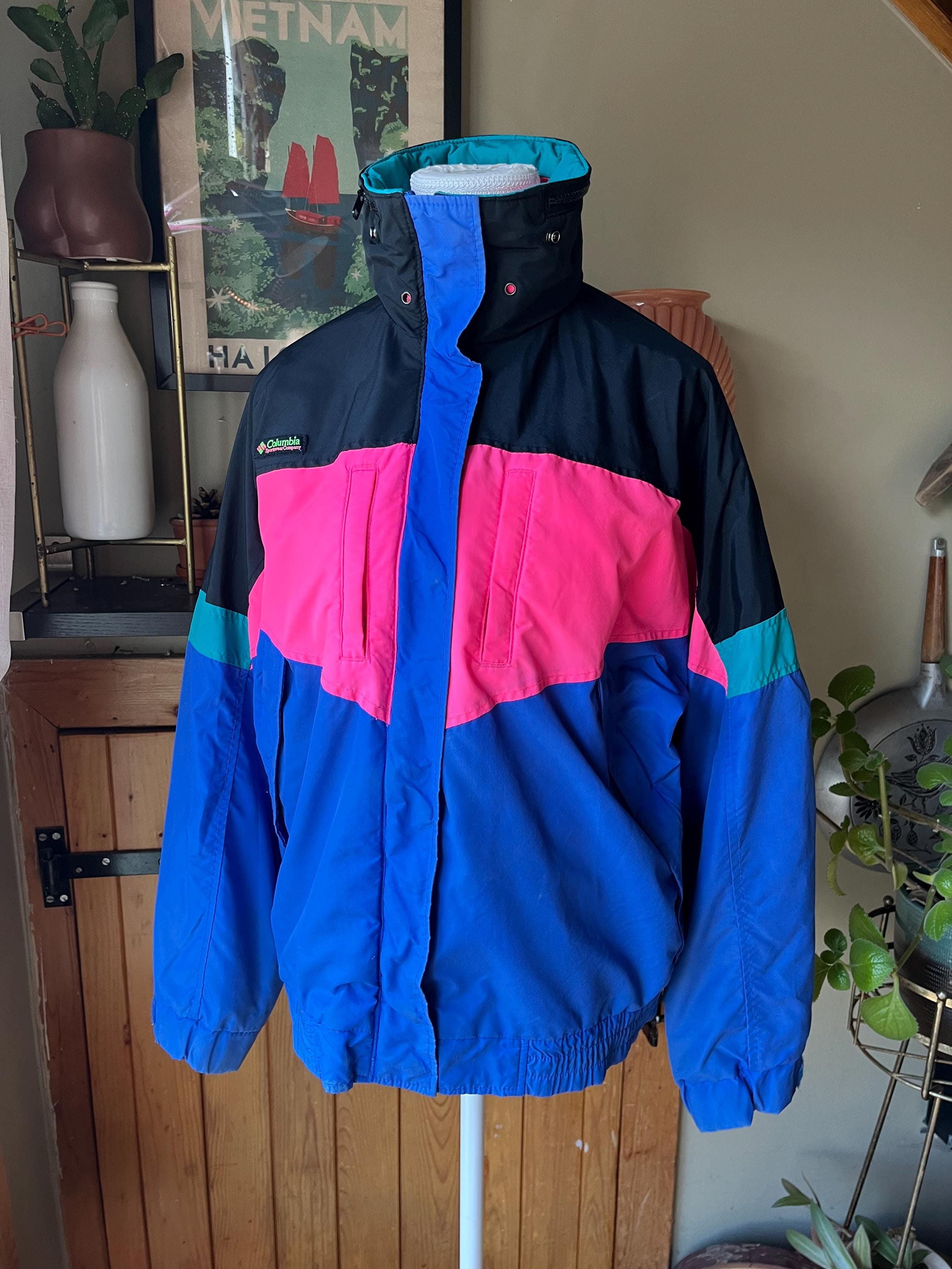 Vintage Ski Jacket Blue Pink Black Vintage 80s Vibrant Colourblock