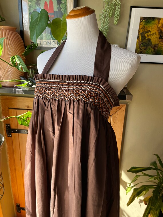 Vintage 60s 70s Brown Shirred Bodice Convertible … - image 3