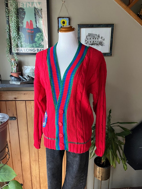 Vintage 80s Bright Red Chunky Knit Cricket Style C