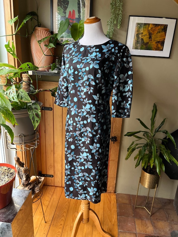 Vintage 60s Decorum by Irving Korny Black & Blue Satin Twill Shift Dress | Extra Large Vintage 60s Decorum by Irving Korny Black & Blue Satin Twill Shift Dress | Extra Large