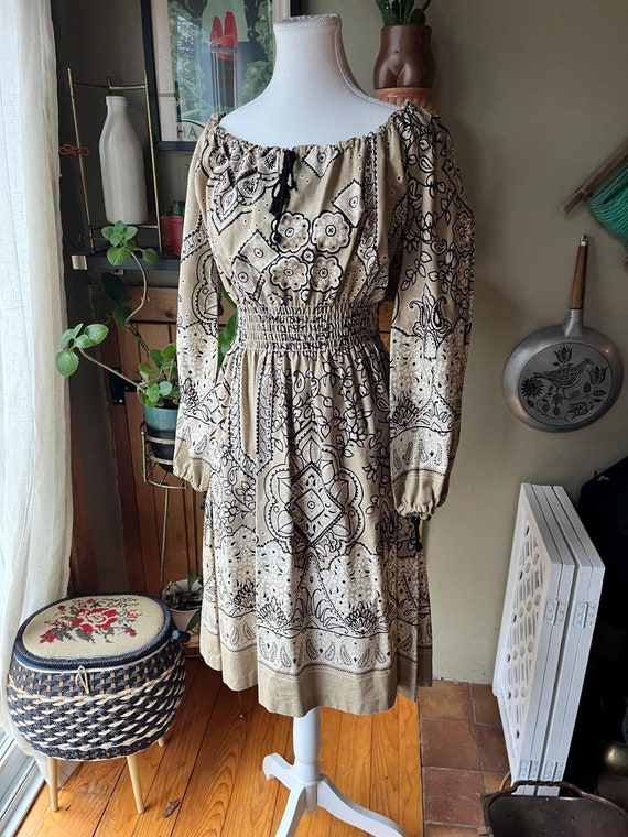 Vintage 70s 'Matinee of Canada' Paisley Blouson Prairie Style Midi Dress | Small - Medium