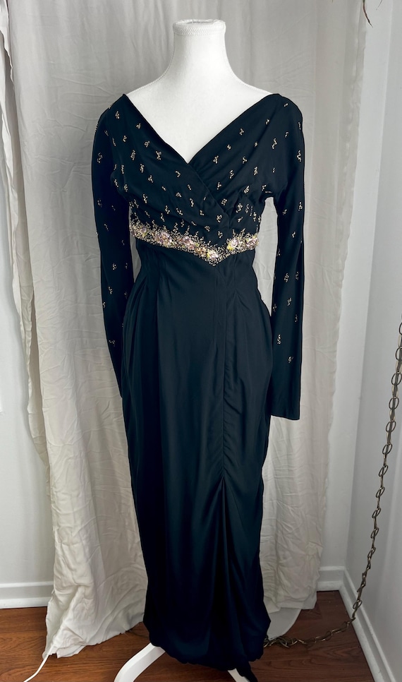 1940s beaded dress Stunning Black Hand-Beaded Evening Gown | Vintage WWII Era Or Hollywood Glamour Serisse Blue And White raceday Color:Pic Color-1 By Anita Modes.Modern US