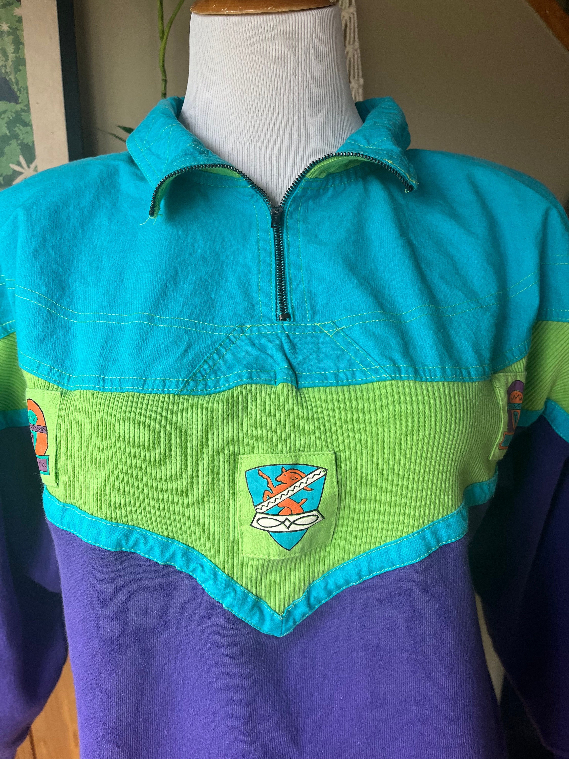 送料無料 Vintage 80s Retro / Sweatshirt Zip Quarter Neon Vibrant トップス