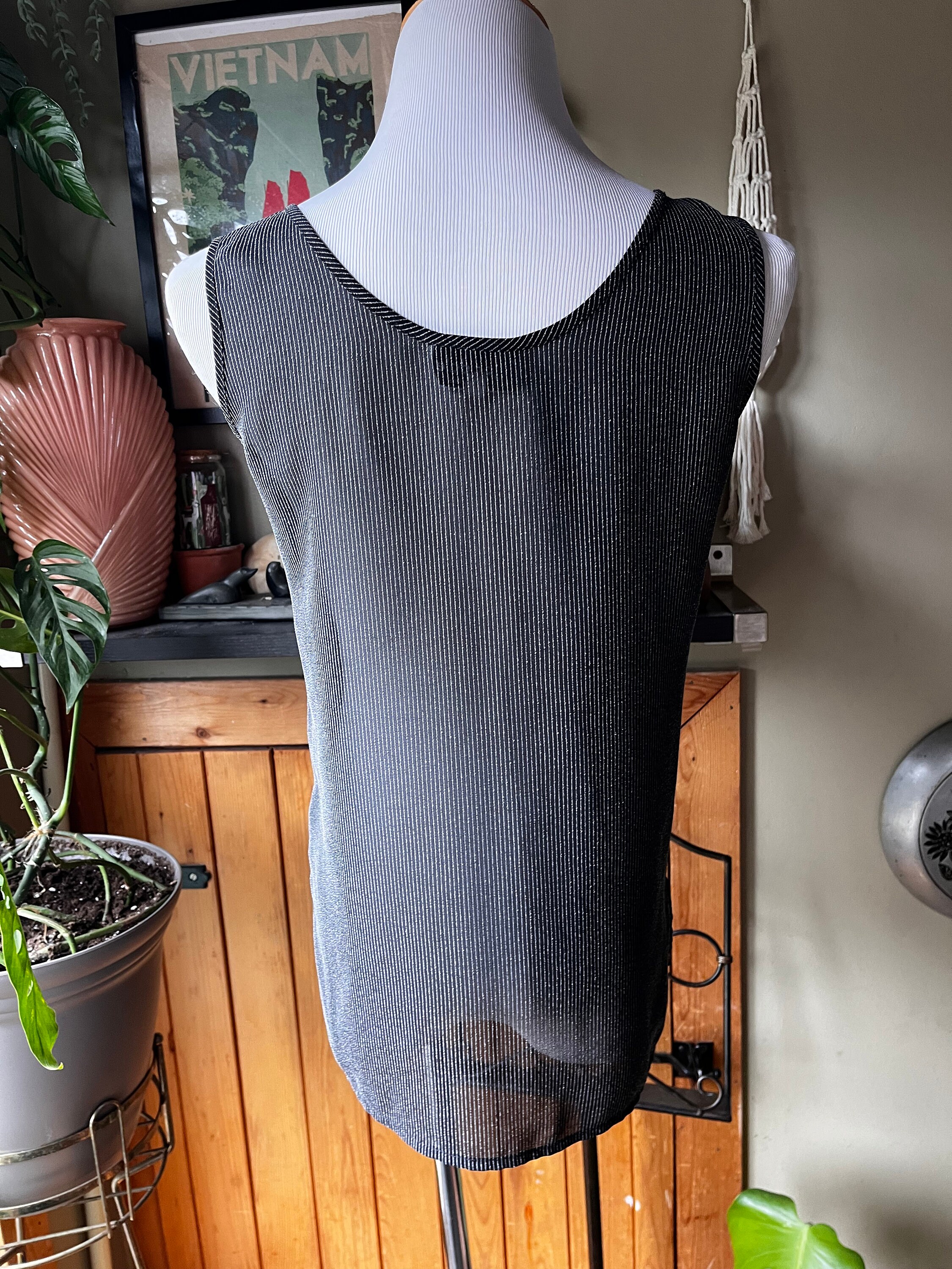 Vintage 80s Sheer Black Pinstriped Tank Top / Retro 1980s