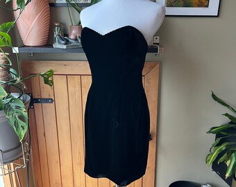Beautiful Vintage 80s Designer Wayne Clarke Black Velvet Strapless Mini Dress / Retro 1980s Little Black Dress with Gold Trim / Size 10