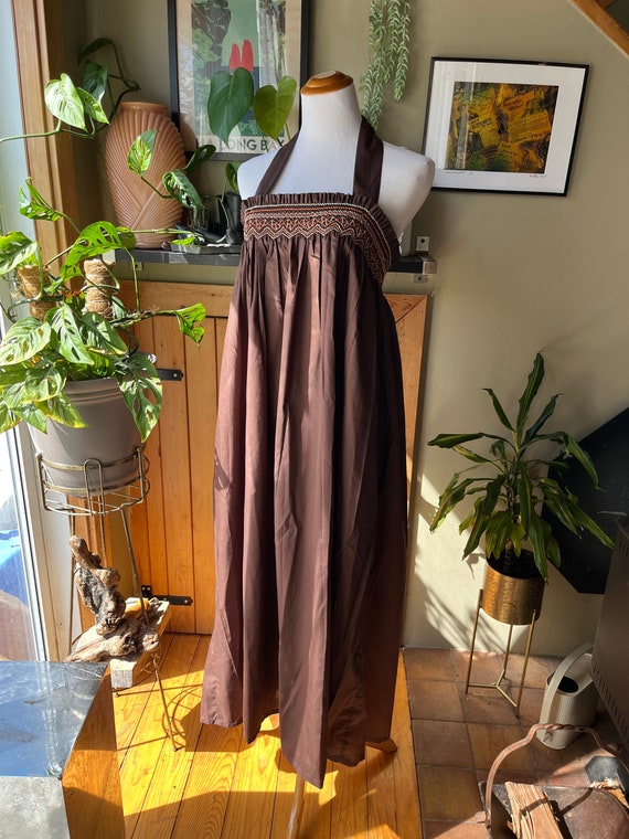 Vintage 60s 70s Brown Shirred Bodice Convertible … - image 1