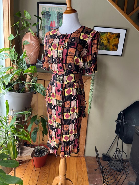 Vintage 90s Crinkled Abstract Print Button-Up Dres