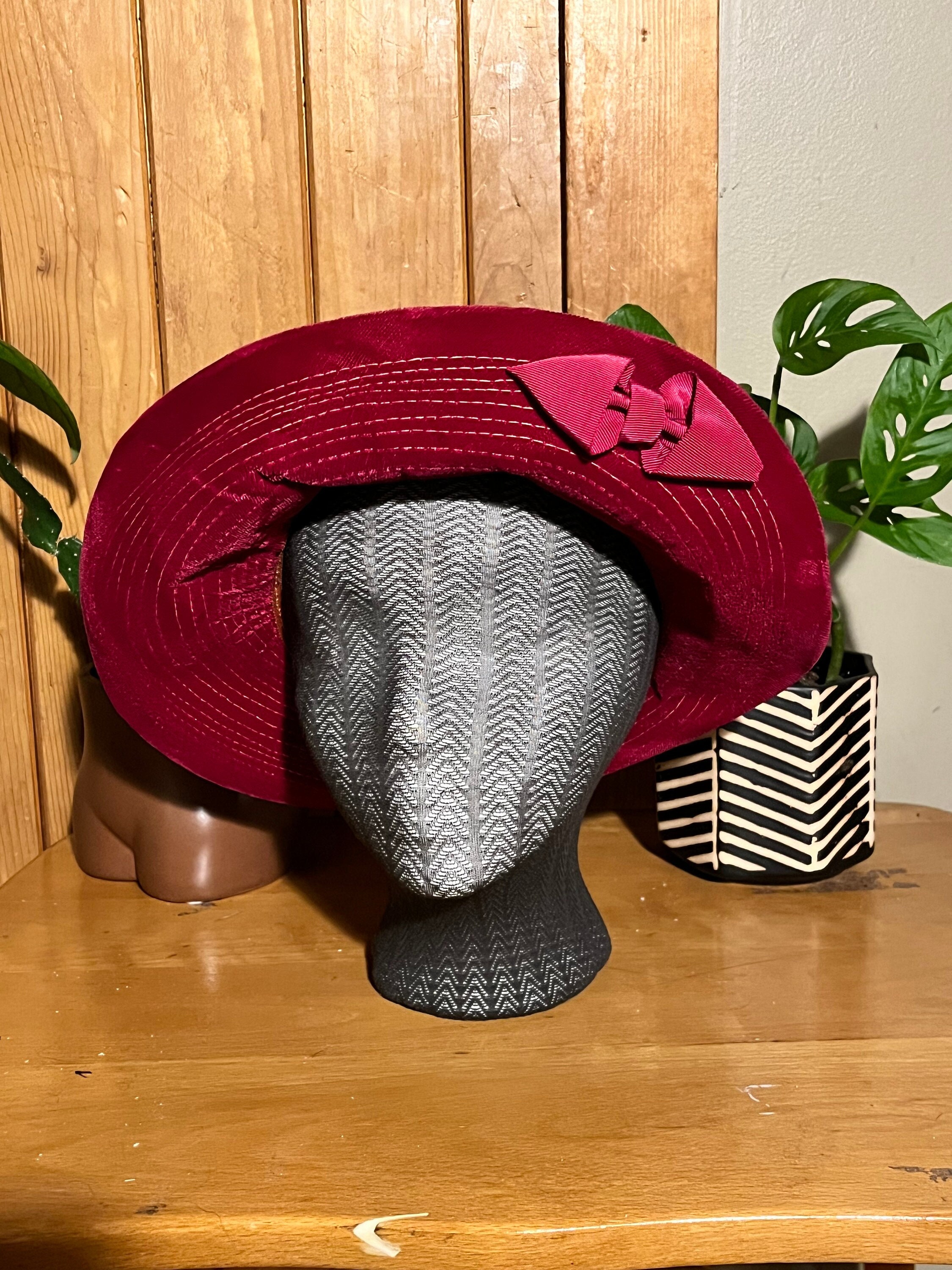 Vintage 60s Berry Red Slouchy Velvet Asymmetrical Brimmed Hat