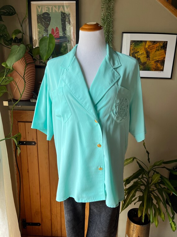 Vintage 80s Light Turquoise Nautical Blouse / Ret… - image 5