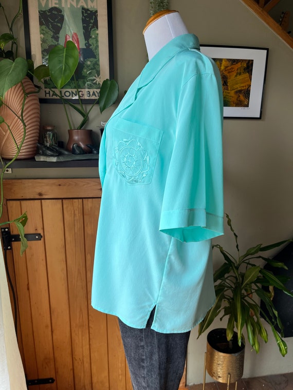 Vintage 80s Light Turquoise Nautical Blouse / Ret… - image 7