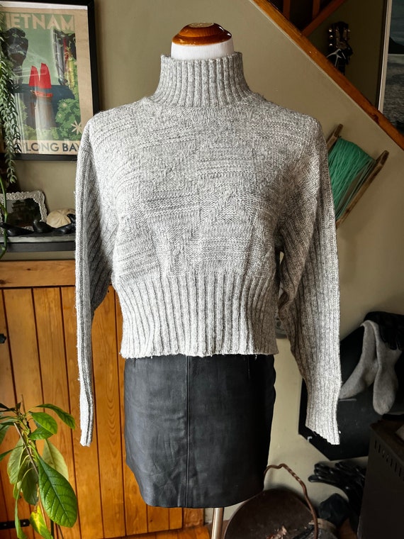 Vintage 90s Marled Grey Wide Cropped Mockneck Kni… - image 1