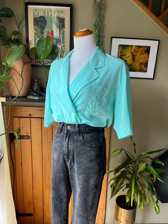 Vintage 80s Light Turquoise Nautical Blouse / Ret… - image 1