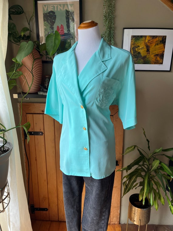 Vintage 80s Light Turquoise Nautical Blouse / Ret… - image 3