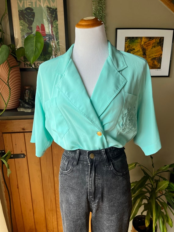 Vintage 80s Light Turquoise Nautical Blouse / Ret… - image 2