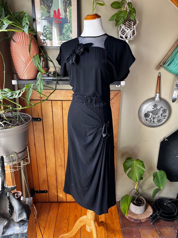 Vintage 40s 50s Black Sheer Panel Evening Dress Retro 1940s