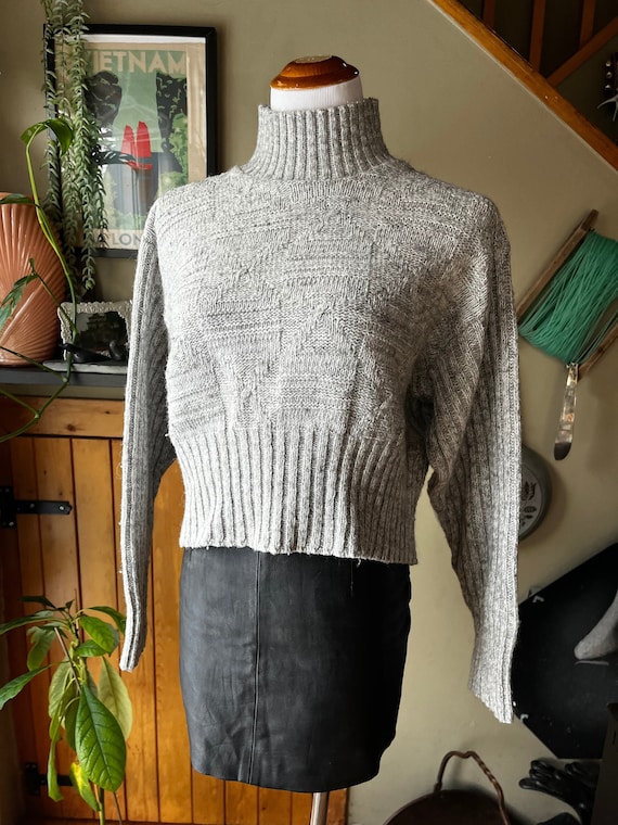 Vintage 90s Marled Grey Wide Cropped Mockneck Kni… - image 2