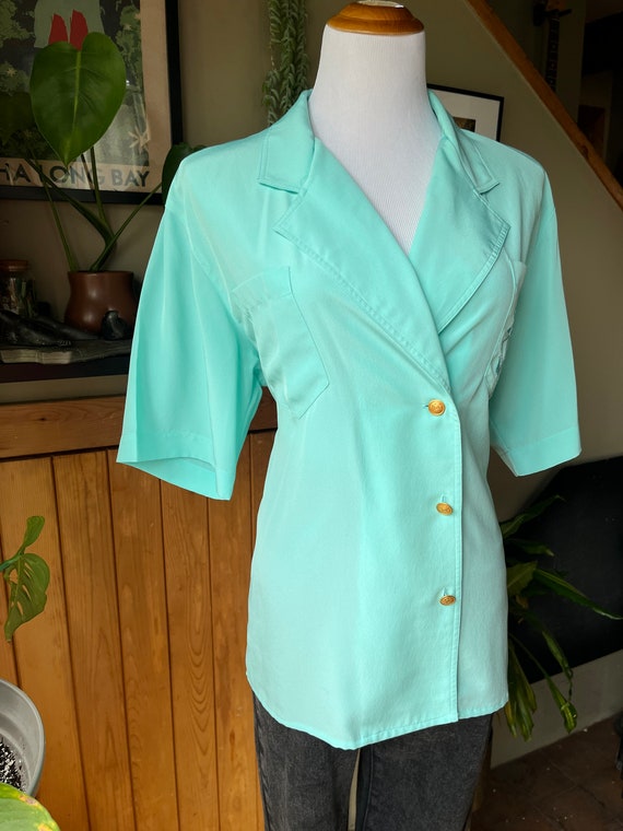 Vintage 80s Light Turquoise Nautical Blouse / Ret… - image 4