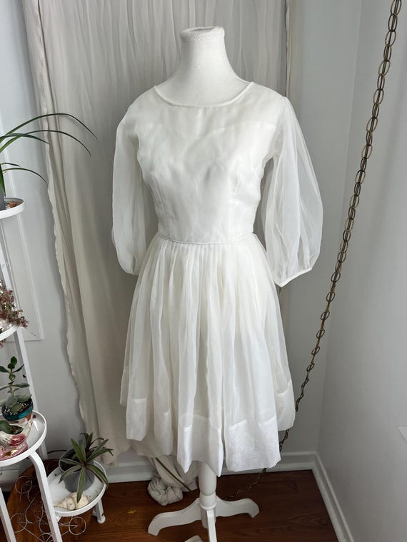 white sheer party dress Vintage 50s White Sheer Overlay Fit & Flare Party Dress | Midcentury Bridal