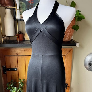 Vintage 70s Black Nylon Halter Maxi Dress / Retro 1970s Gothic Disco Stretchy Tie Back Full Length Dress / Huk Sheen by Huk-A-Poo / Small