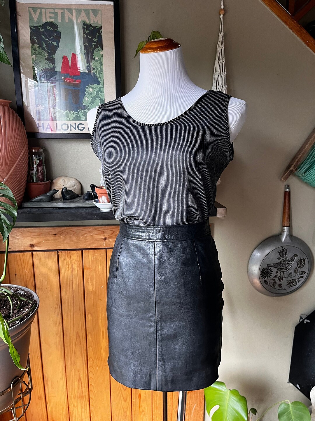 Vintage 80s Sheer Black Pinstriped Tank Top / Retro 1980s